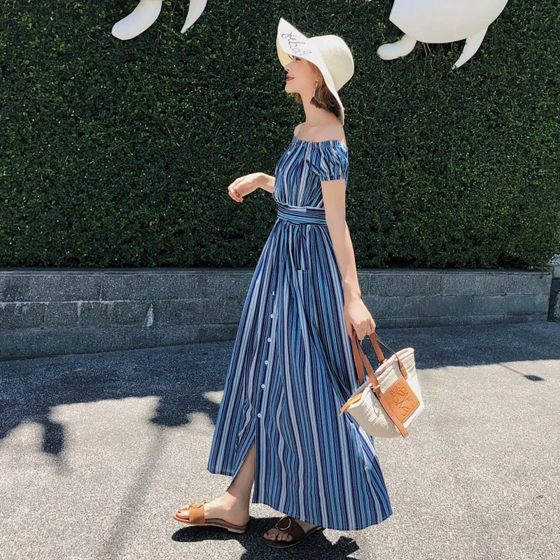 

Photo Shoot INS Hong Kong Flavor Chiffon Elegant And Ankle Long Skirts Women's Summer Contrast Color Stripes Horizontal Neck off