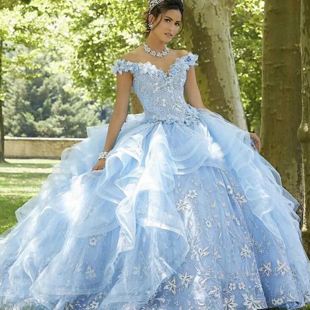 Azotado por el viento Aplastar Publicidad LSYX-vestido De quinceañera azul claro para mujer, vestido De fiesta De  princesa con lentejuelas y flores, sin hombros, apliques, 15 Años, 2022 -  AliExpress