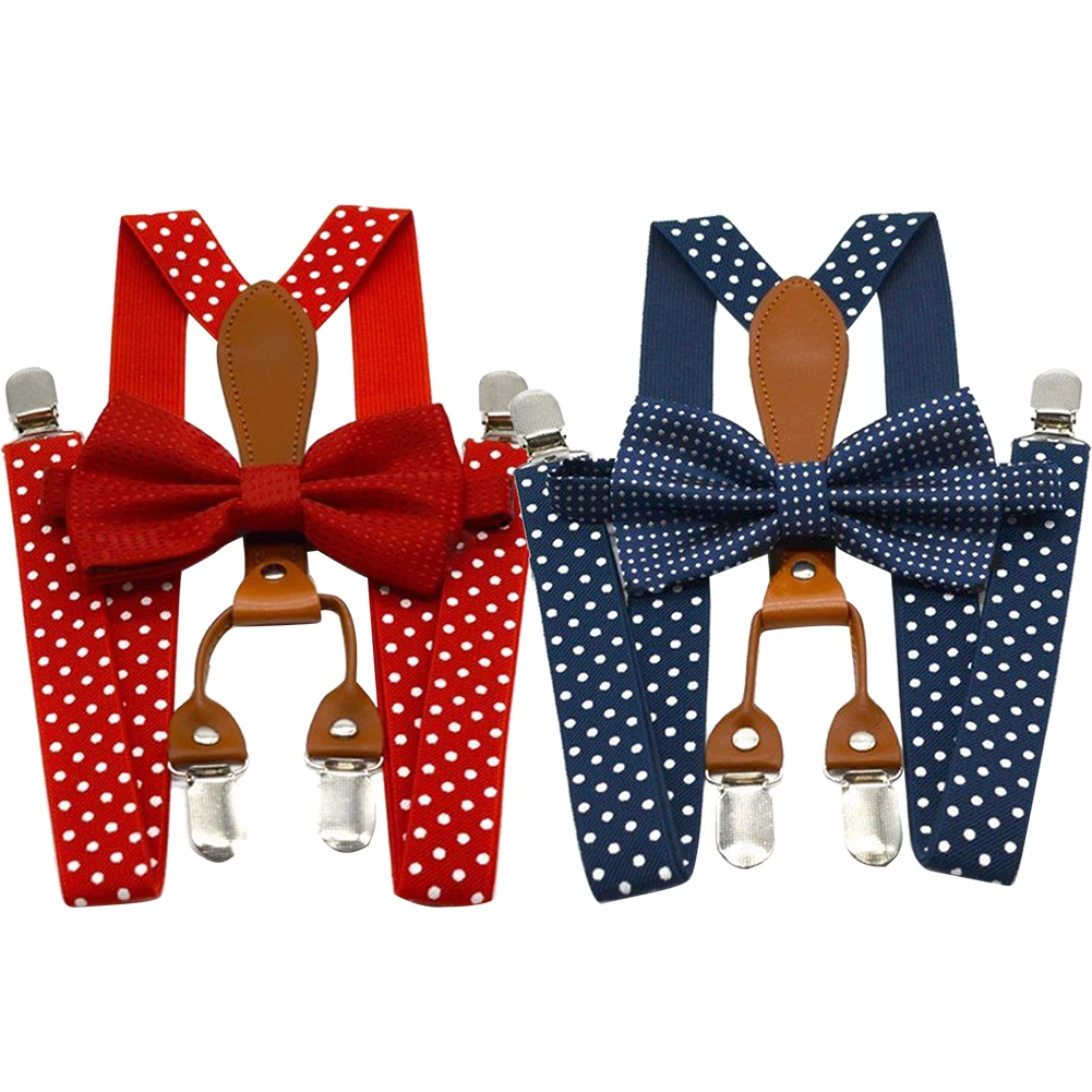

Polka Dot Bow Tie Suspenders for Men Women Adjustable 4 Clip Alloy Button Navy Red Braces Elastic Bow Tie Leather Adult Bowtie