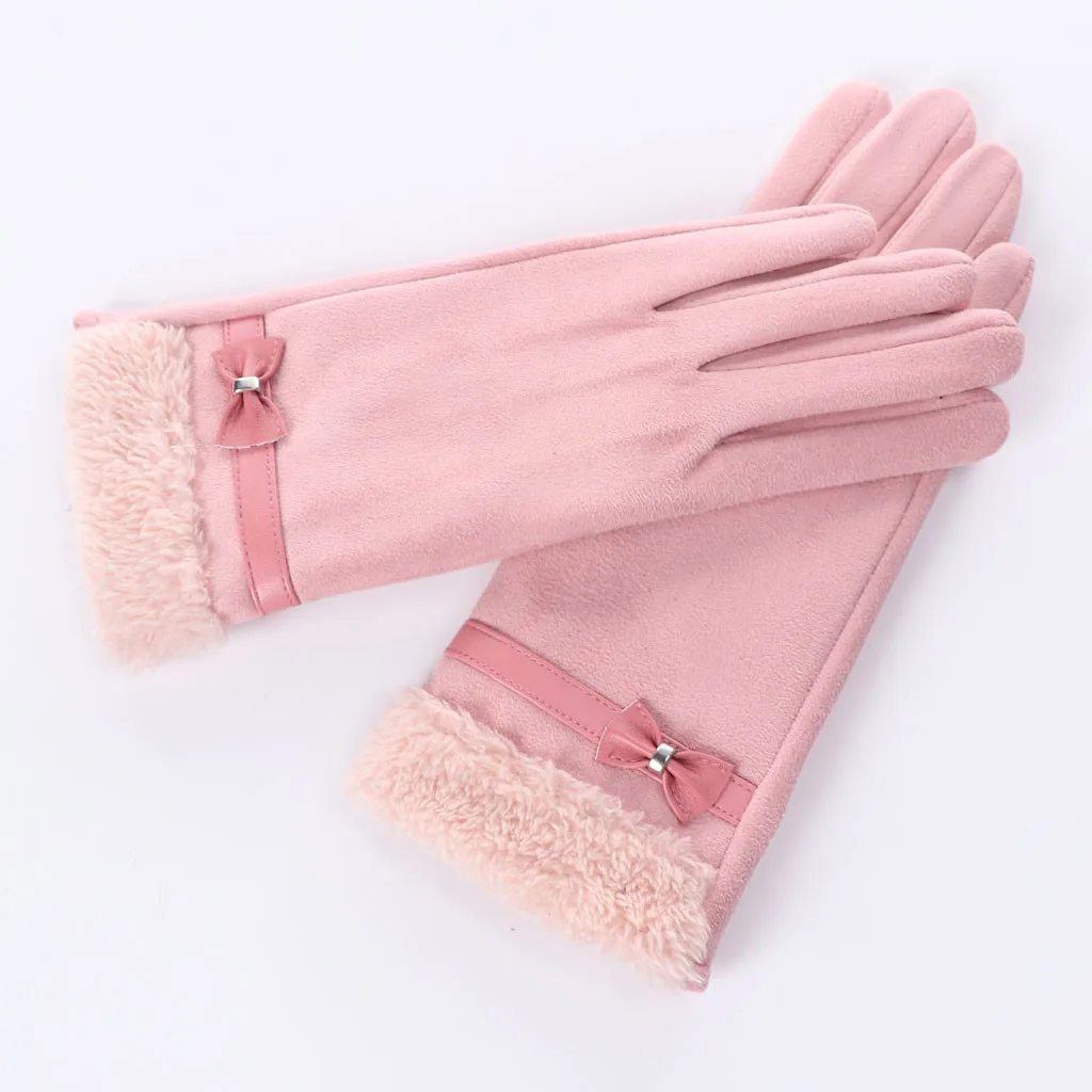 Black elegant Bow leather Pearl gloves full Finger Outdoor Women Thicken Winter mittens Warm Bowknot Thermal Fleece Gloves