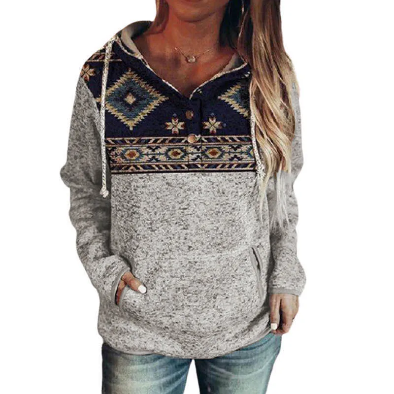 

Women Autumn Casual Long Sleeve Drawstring Open Button Collar Front Pocket Pullover Top Hooded Patchwork Printing Hoodies Tops