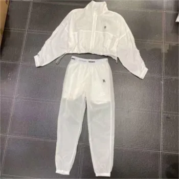 

AAW068 Women White Short Coat + Trousers Letter Logo Print Sun Protection Suit Loose Casual Light and Breathable A2