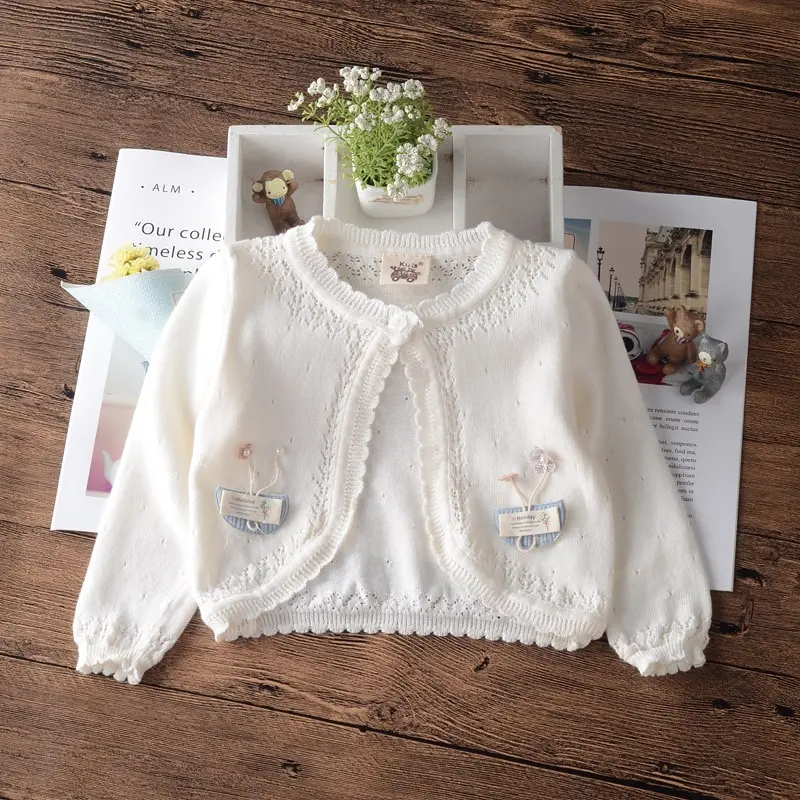 Little Girl Cardigan Sweater for Toddler White Cute One Button Cotton Summer Baby Jacket 1 2 4Years Old Clothes 205023 | Мать и ребенок