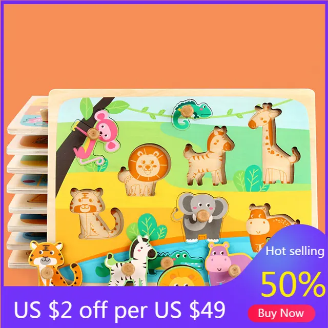 Children's Animal Fruit wooden puzzle board toys, No burrs, baby wood puzzles Forest/Marine/Farm etc Classic jigsaw puzzles toy 1