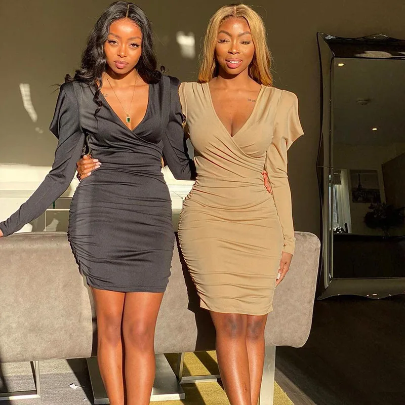 

Sexy Deep V-Neck Slim Package Hip Folds Temperament Solid Color Mini Dresses For Women Party Winter Casual Vestido