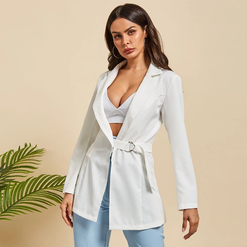 

2020 Women Casual Blazer Deep V Neck Buckle Belt Fashion Lazy Pajama Style White Coat Sexy Office Blazers Spring Fashion Coats