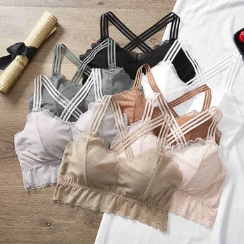 

Comfortable New Lace Women Tank Crop Top Seamless Underwear Female Crop Tops Sexy Lingerie Cross Back Padded Camisole Femme