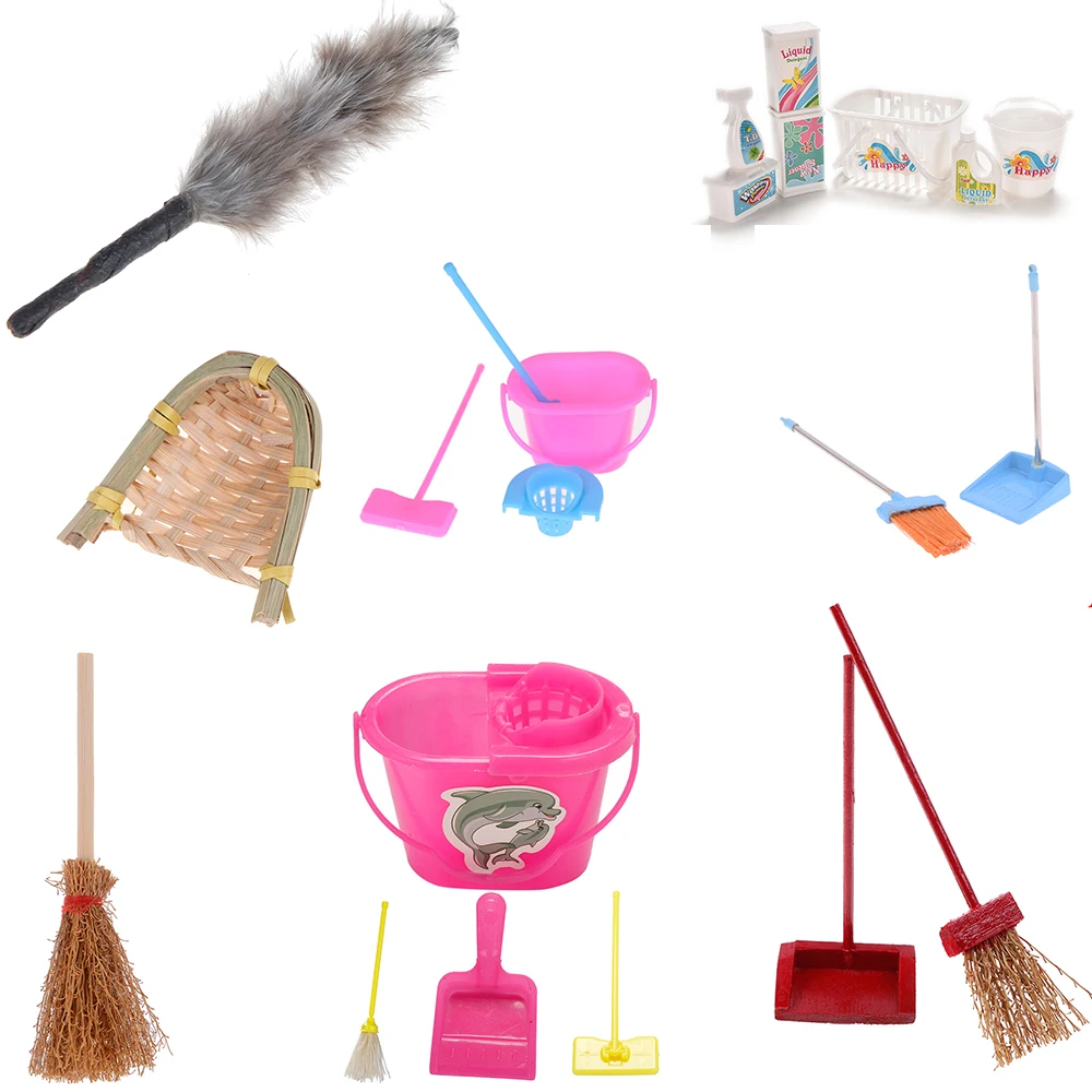 

Dustpan Bucket Brush Mop Housework Cleaning Tools for Dolls 1/12 Scale Miniature Baby Toys Dollhouse Garden Accessories
