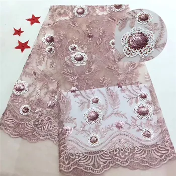 

pink 2019 HOT French Nigerian sequins net African tulle mesh Sequence lace fabric high quality for wedding dress 5yards/lot
