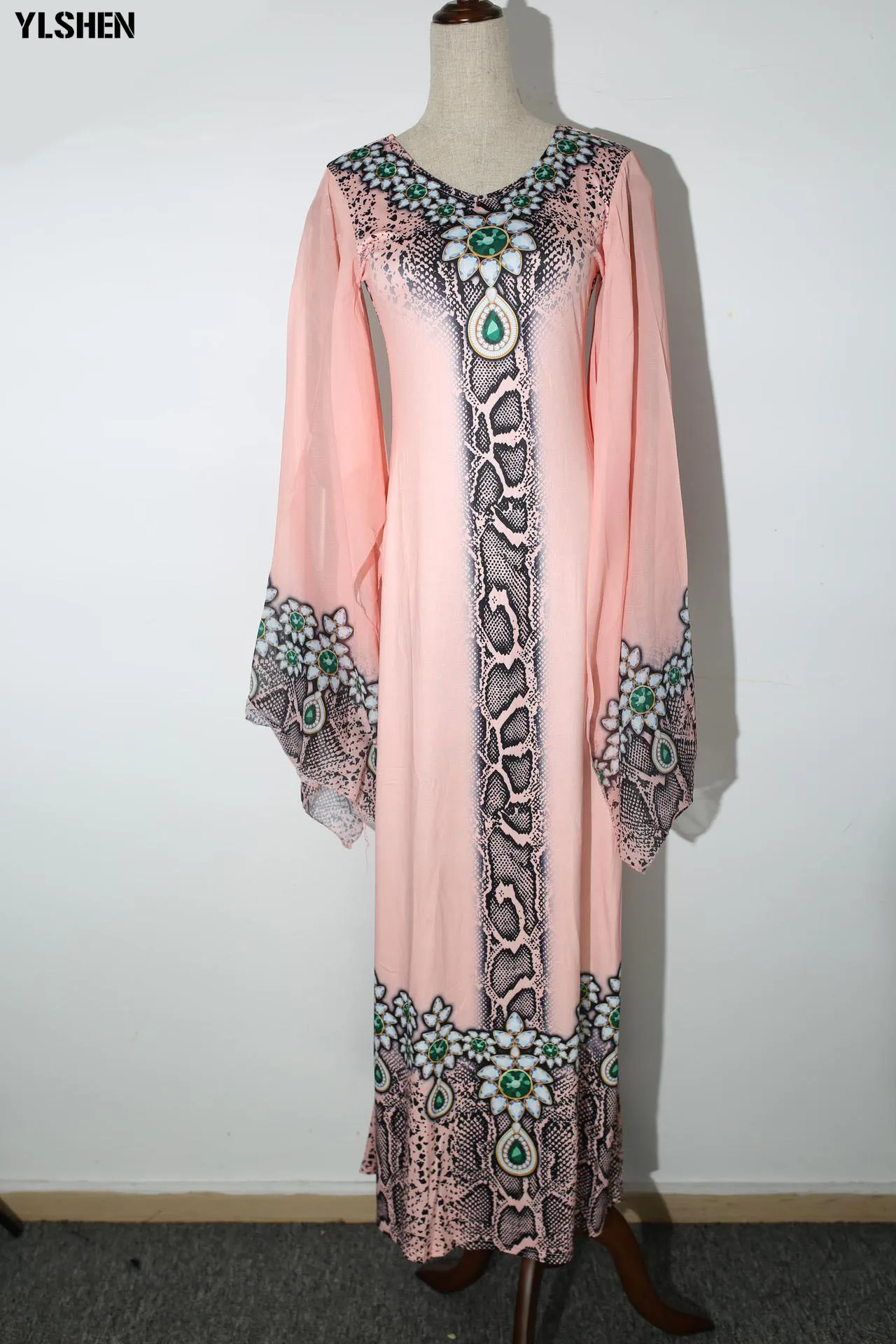 Новые африканские платья для женщин с принтом Дашики африканская одежда Базен Riche сексуальное тонкое платье с рюшами на рукавах длинное Африканское платье макси для женщин - Цвет: Style2 Pink
