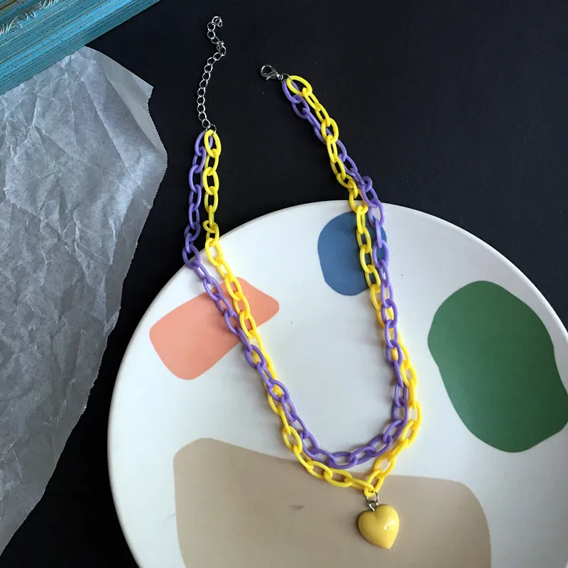 yellow purple В Стиле Хип-хоп, Harajuku, акриловое ожерелье с подвеской в виде сердца, макароны, чокеры, подарки для женщин, колье, Женские аксессуары, индивидуальные вечерние украшения - Окраска металла: yellow purple