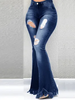 

Women Ripped Jeans Flare Pants Spring Summer Trousers High Waist Tassel Black Denim Pants Blue Skinny Vintage Casual Bellbotoms