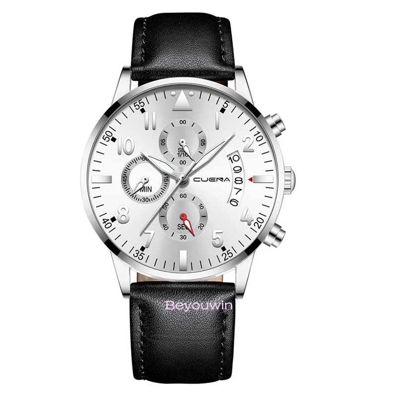 100 шт/партия стиль мужские кожаные часы с календарем высокое качество Дата кварцевые наручные часы для мальчика друг часы для мужчины - Color: black silver white