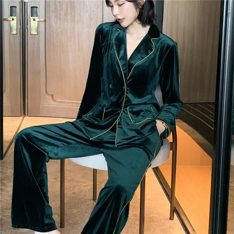 Сексуальные женские велюровые 2 шт топ брюки пижамные комплекты одежда для сна зимняя женская домашняя одежда спальный костюм халат пижамы m-xl - Цвет: Зеленый
