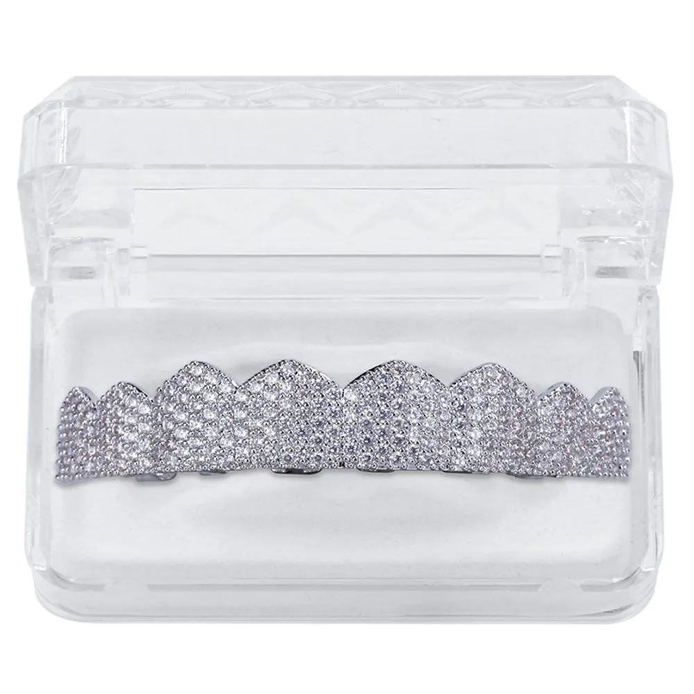 Хип-хоп Золото Серебро Цвет Iced Out Bling Teeth Grillz микро-укладка кубический циркон верхние и нижние зубы грили набор рок-Рэп ювелирные изделия - Окраска металла: Silver Top