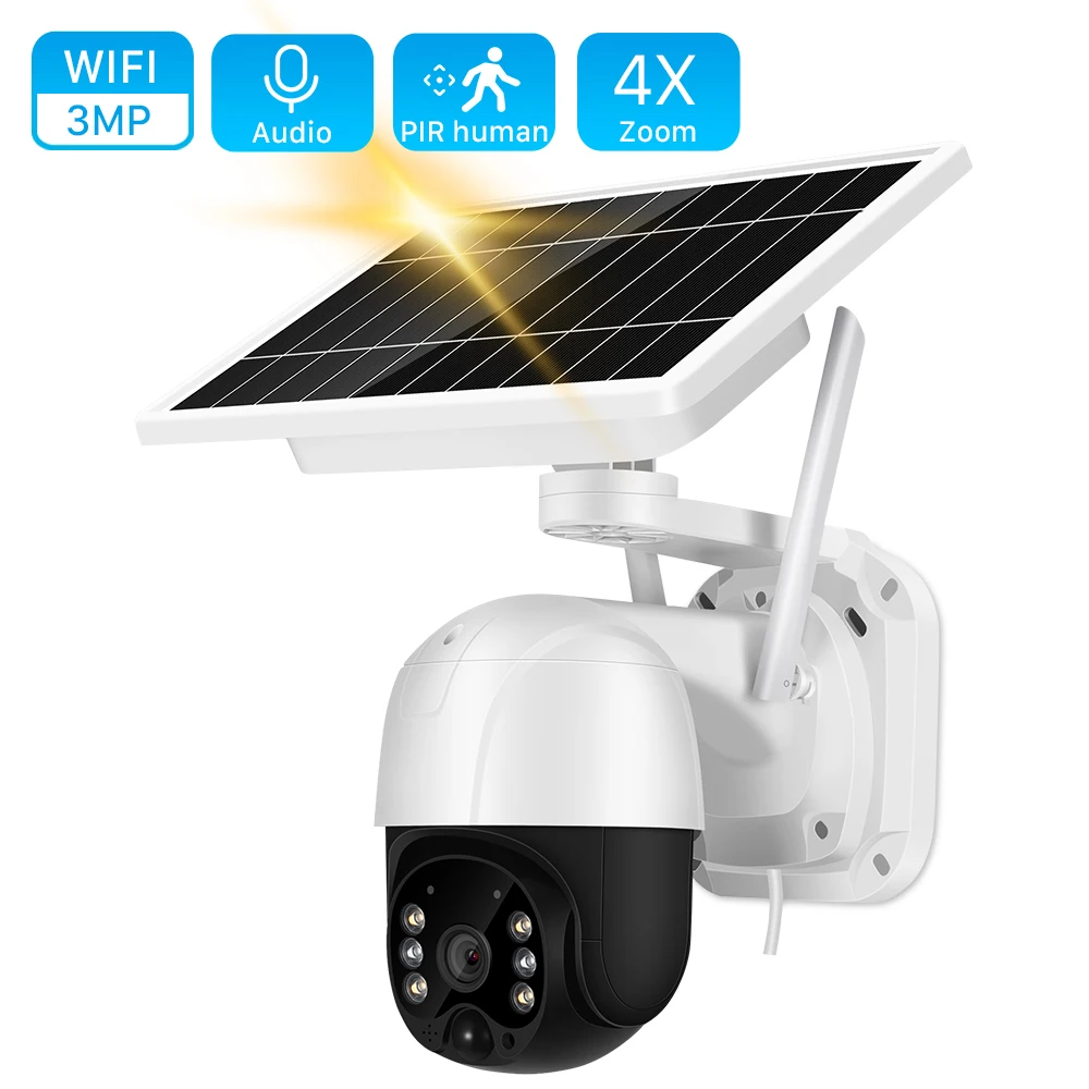 US $92.86 3MP Wifi Solar Camera Outdoor PIR Human Detection Wireless PTZ Camera 30M Color Night Vision 2Way Audio Home Security IP Camera