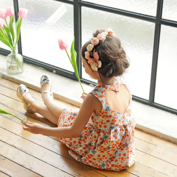 

Girls Dress 2019 Summer Childrenswear Pastoral Style Floral Dress Korean-style Back Heart Shape Hollow out Children Shirt