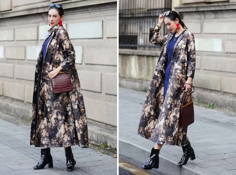 Ветровки из натуральной кожи женские элегантные офисные свободные длинные пальто для женщин бренд с цветочным принтом из овчины пальто XS-2XL