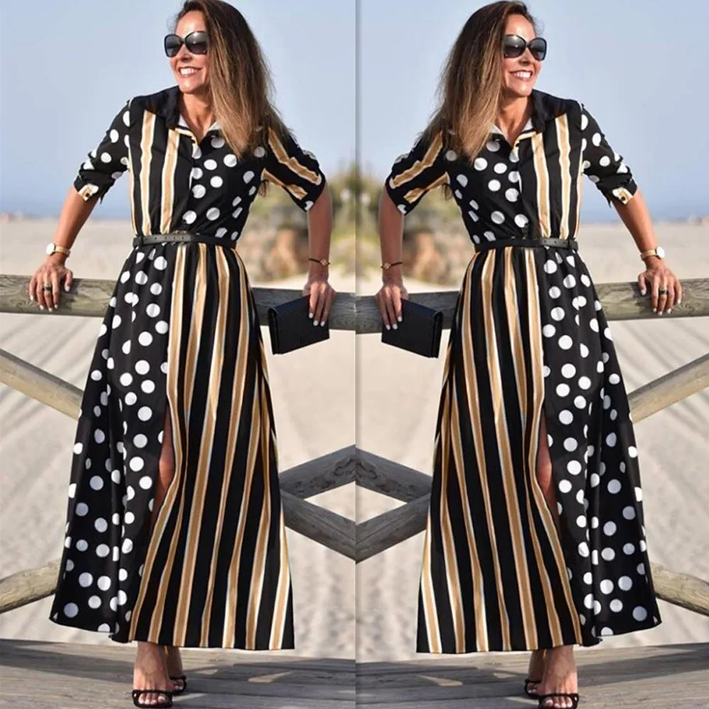 Womens Boho Half Sleeve Wave Point Fashion Ladies Casual Evening Paty Long Dress