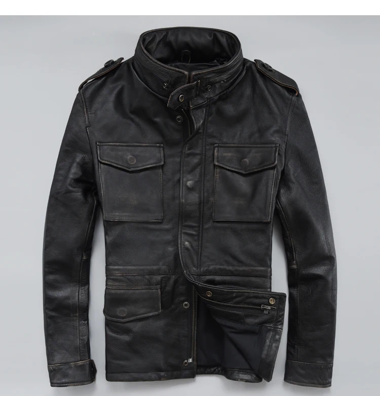 Винтажная черная длинная Мужская M65 кожаная куртка со стоячим воротником из натуральной толстой воловьей кожи, русская военная кожаная куртка - Цвет: Vintage Black