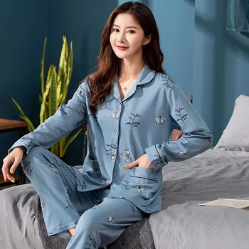 

Oversize 4XL Cotton Girl Fashion Printed Casual Outerwear Sleepwear Night Suit Womens Pajamas Sets Long Sleeve Sleepwear Suits