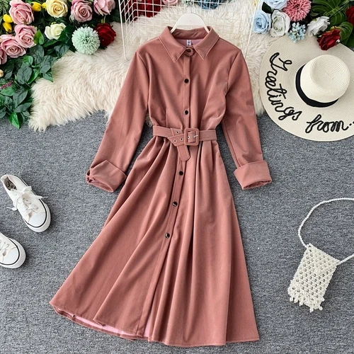 dark pink Neploe вельветовое перекрестное Платье женское осеннее темперамент отложной воротник средней длины вечерние Vestido Высокая талия с поясом линия Ropa 47017 - Цвет: dark pink
