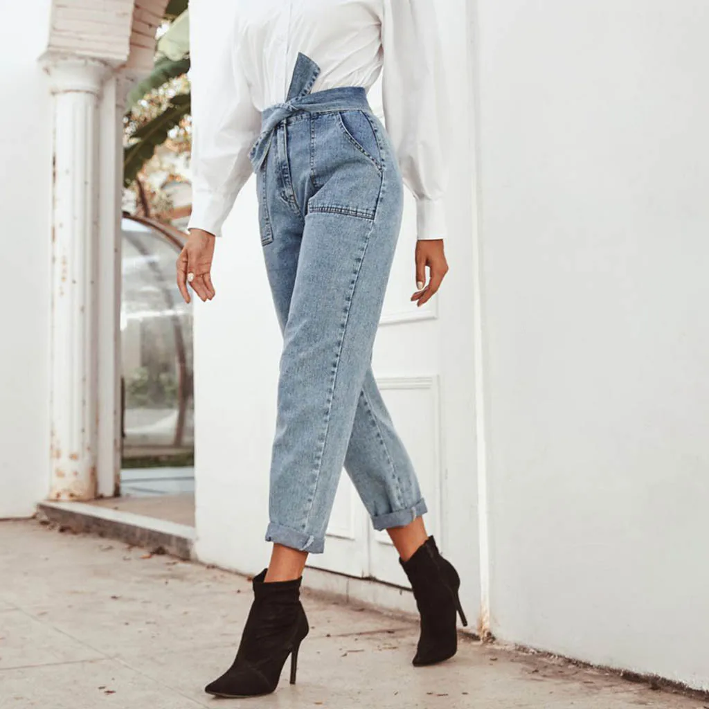 Tight-fitting button high-rise cropped trousers women Denim Lace Up Bow Tie Jeans Womens pants high waisted#A3