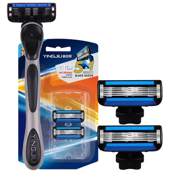 

1 Handle 2 Blades Men Shaving Safety Razor Swedish Stainless Steel 5 Layer Cartridge Refills Manual Shaver