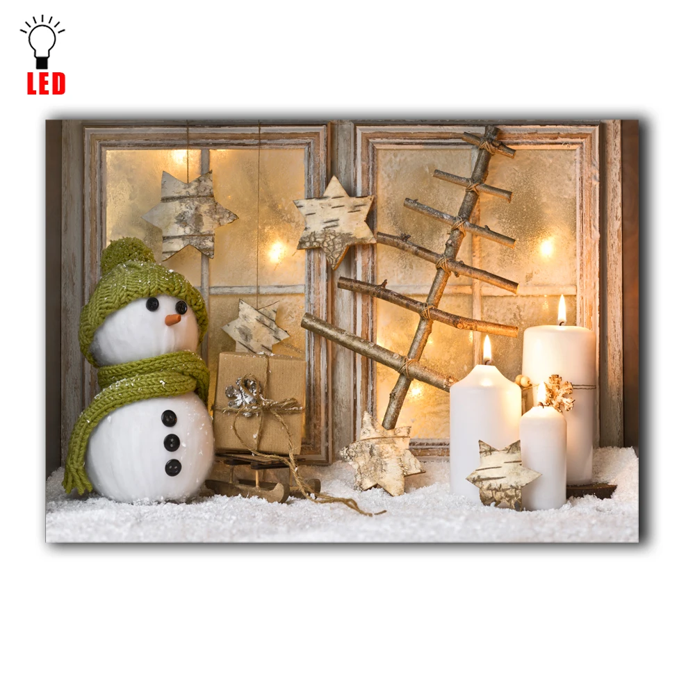 Светодиодный на холсте настенный Декор Светильник ed свечи с рождественским снеговиком окно украшение стены картина без рамки светильник вверх печать