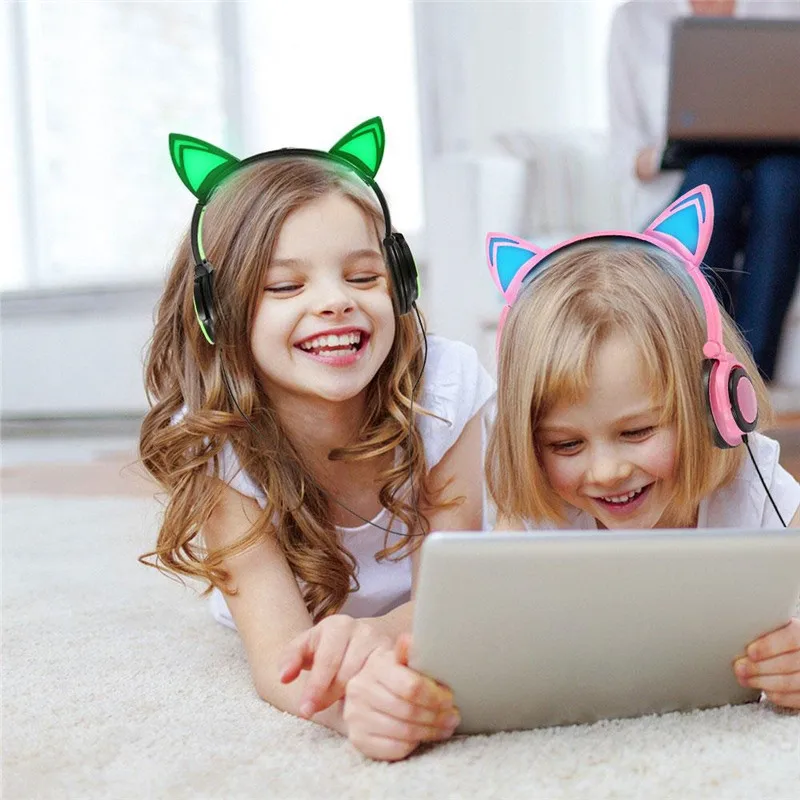 Shoumi Birthday Gifts Cat Ear Headphones Foldable Flashing Cute Cat Students Headset Wired Music Earbuds For Kids Birthday Party