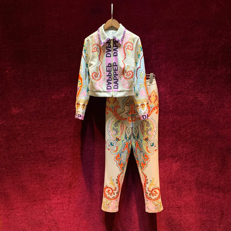 

2019 Year Autumn Clothes Suit Two Pcs Full Sleeves Zippers Printed Loose Casual Runway Casual Clothing 2 pcs Coat+Pants