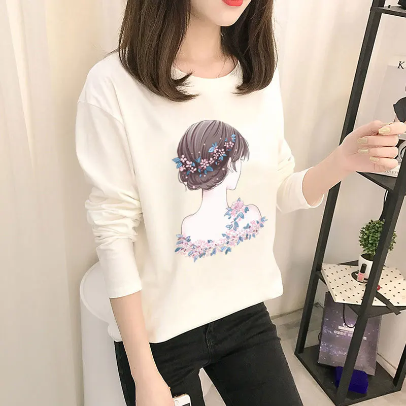 

Women Autumn Fashion T-shirts Ladies Casual Long Sleeve Cartoon White Top Shirts