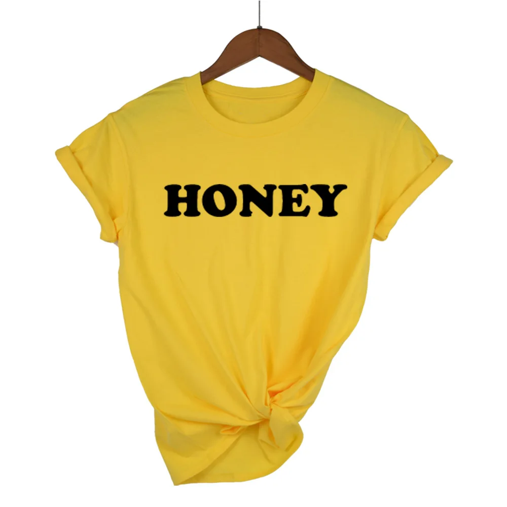 

Honey Letter Print T Shirt Women Short Sleeve O Neck Loose Yellow Tshirt 2019 Summer Women Tee Shirt Tops Camisetas Mujer