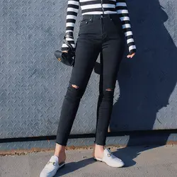 2019 Новая мода Женская одежда рваные джинсы женские черные ноги девять брюки весна и осень Высокая талия стрейч тонкие колготки