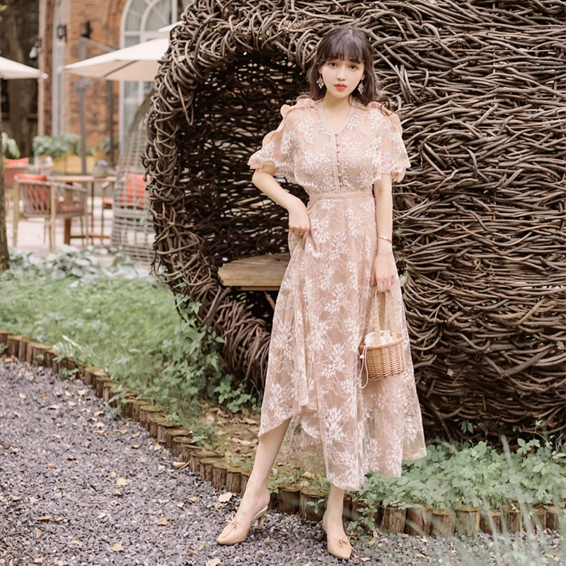 

High-end Custom Luxury Runway Designer Summer Dress 2019 Women's Retro everyday bat sleeves are delicate Lace dress vestidos