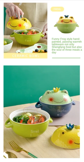 700ml Ceramic Frog Shaped Ramen Noodles Bowl Kawaii Cartoon Tableware Kids  Eatting Soup Binaural Bowl with Lid and Handle