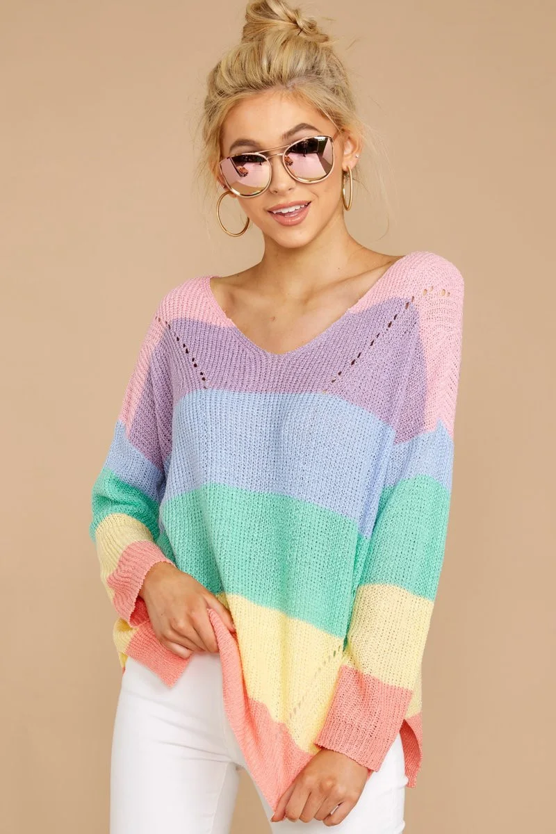 Fitshinling Macaron полосатые корейские свитера для женщин с длинным рукавом Тонкий милый пуловер вязаный джемпер осень зима Pull Femme Новинка