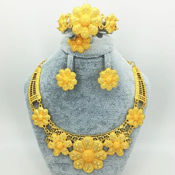 

Gold jewelry dubai jewelry set large necklace classic water drop bracelet earrings ring for women wedding jewelry set bri
