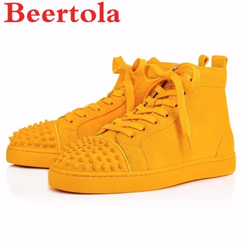 

Flock Yellow Men's Sneakers Lace Up Round Toe Spike Head High Top Casual Shoes Men Rivets Tenis Masculino Thick Bottom Shoes Men