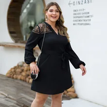 Дизайн, Европейский и американский стиль, стиль, кружевное соединение, фонарь, длинный рукав, шнуровка, высокая талия, v-образный вырез, большой размер, Женская юбка