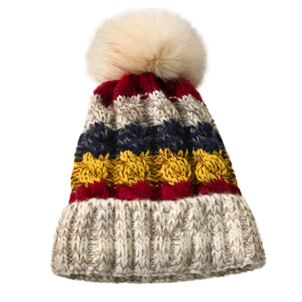Винтажная женская зимняя шапка, теплые вязаные шапки, модные утолщенные полосы, пэчворк, ветронепроницаемые, Gorra Hombre, красочные, унисекс, помпоны# D