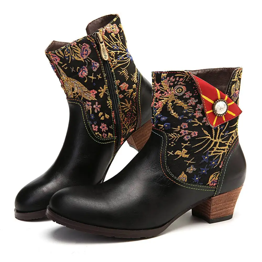SOCOFY/удобные ботинки из натуральной кожи на низком каблуке с цветочным узором в стиле ретро; женская обувь; Botines Mujer;