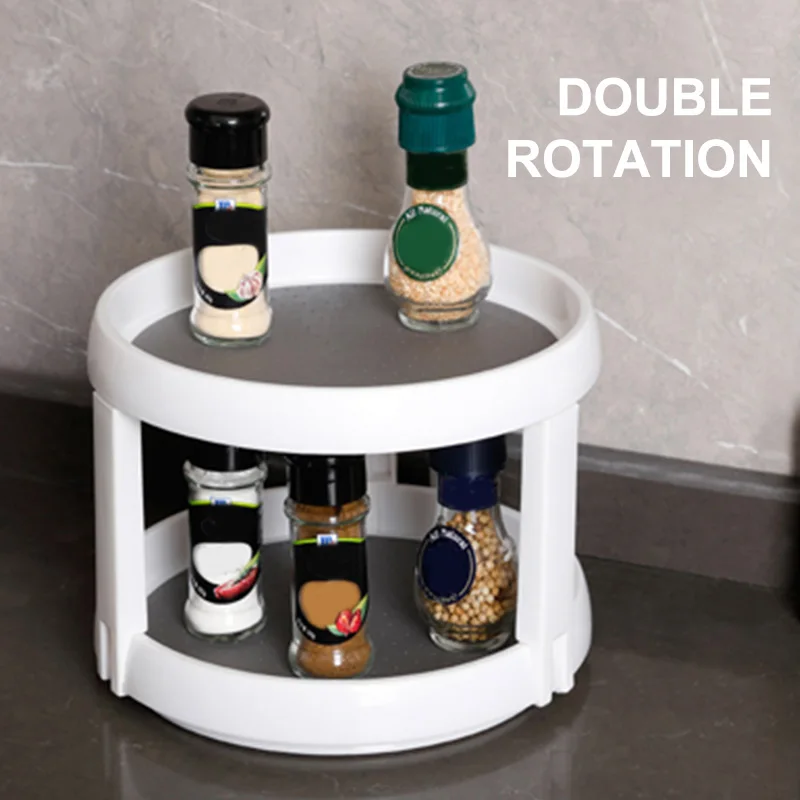 

Kitchen Bathroom Rotating Double Storage Shelf Desktop Storage Rack Rotatable Makeup Rack Kitchen Storage Twin Turntable