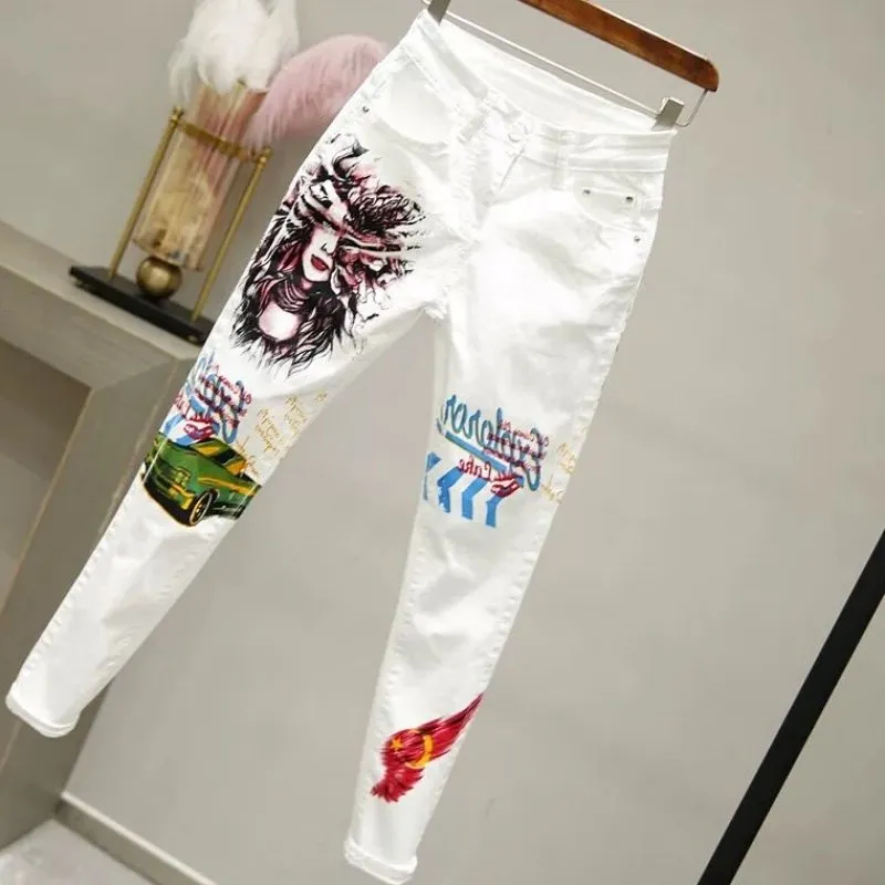 Женские белые джинсовые штаны с мультяшным граффити и цветочным принтом, растягивающиеся джинсы, облегающие Капри, джинсы