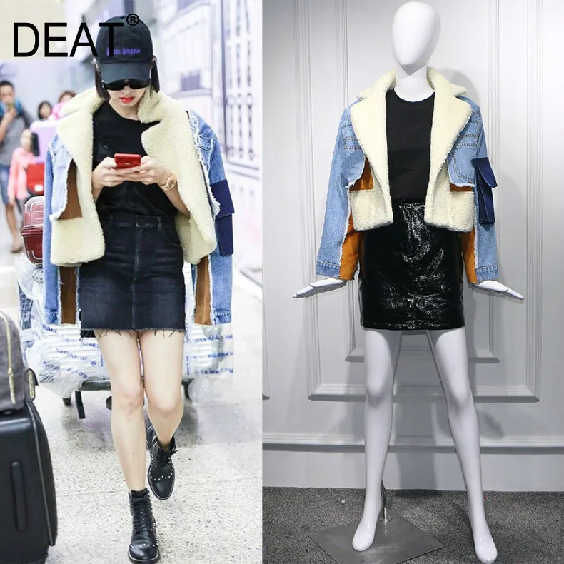 Economici DEAT 2019 pecore di inverno collo di pelliccia di turn giù il collare completa maniche blu denim patchwork spliced vestiti lettere stampato cappotto di trincea WJ1020