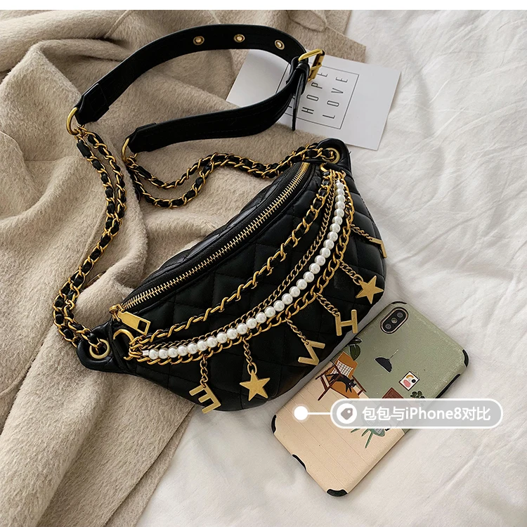 Small Bag Women New Fashion Korean Versatile Messenger Bag Pearl Chain Waist Bag Gold Letter Tassel Chest Bag Nightclub Bag