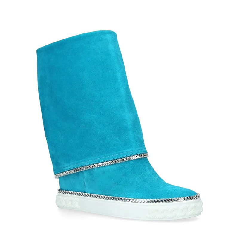 

INS woman winter candy color inner heel boot design brand chain inner wedge heel boot hidden 8 cm platform boot