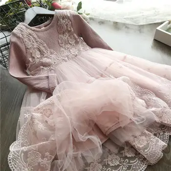 

2019 Spring Girl Dress New Lace Flower Princess Dress Winter Long Sleeve Three-Dimensional Petals Pompon Net Yarn Girls Clothes