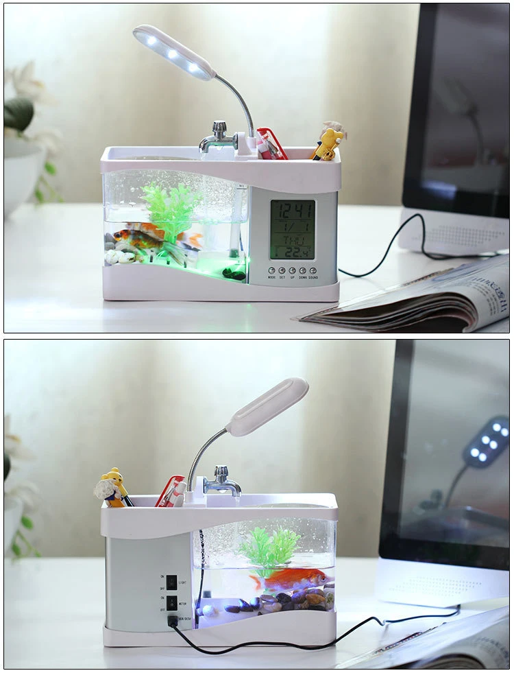 Amazon USB Fish Tank Calendar Pen Holder Acrylic Table Organizer Desktop Pen Holders