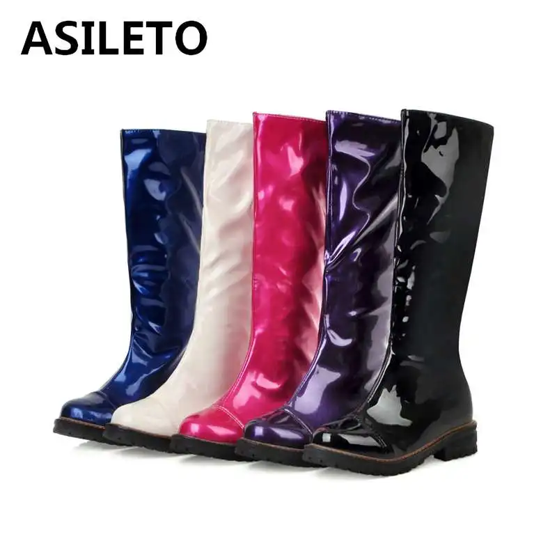 

ASILETO new patent leather shoes woman knee high boots women waterproof low heels roudn toe booties size 34-43 bottines botas